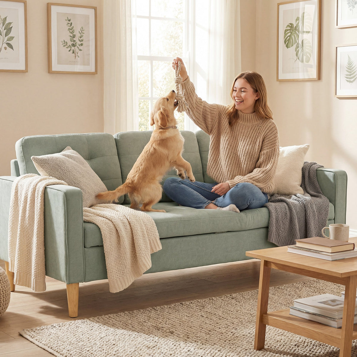 HOMCOM 3 Seater Fabric Sofa with Hidden Under Seat Storage - Light Grey