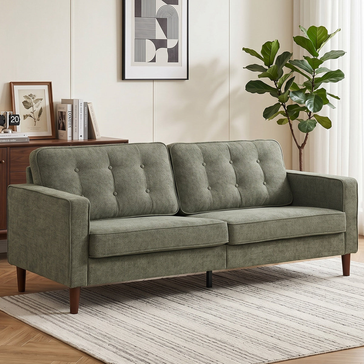 HOMCOM 3 Seater Velvet Feel Fabric Upholstered Sofa - Green
