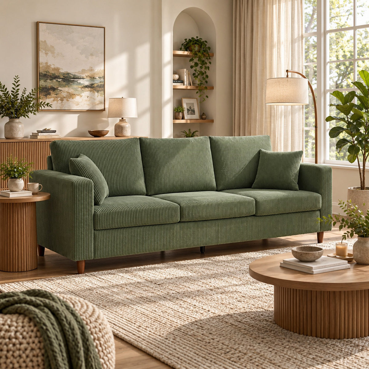 HOMCOM 3 Seater Comfy Wide Deep Seat Corduroy Sofa - Green