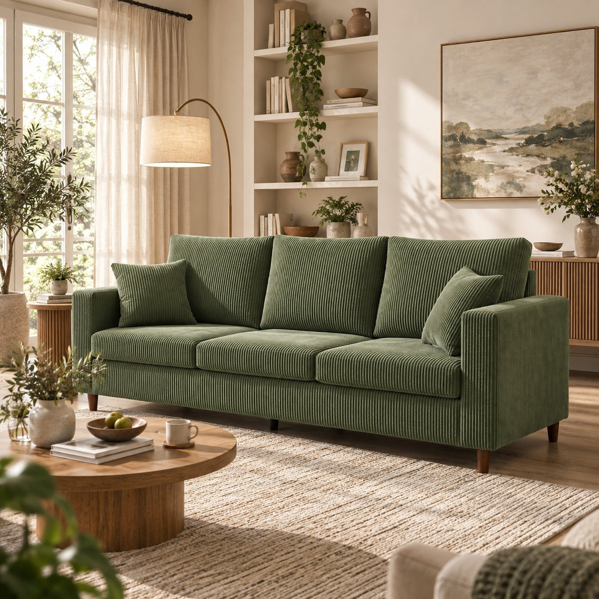 HOMCOM 3 Seater Comfy Wide Deep Seat Corduroy Sofa - Green