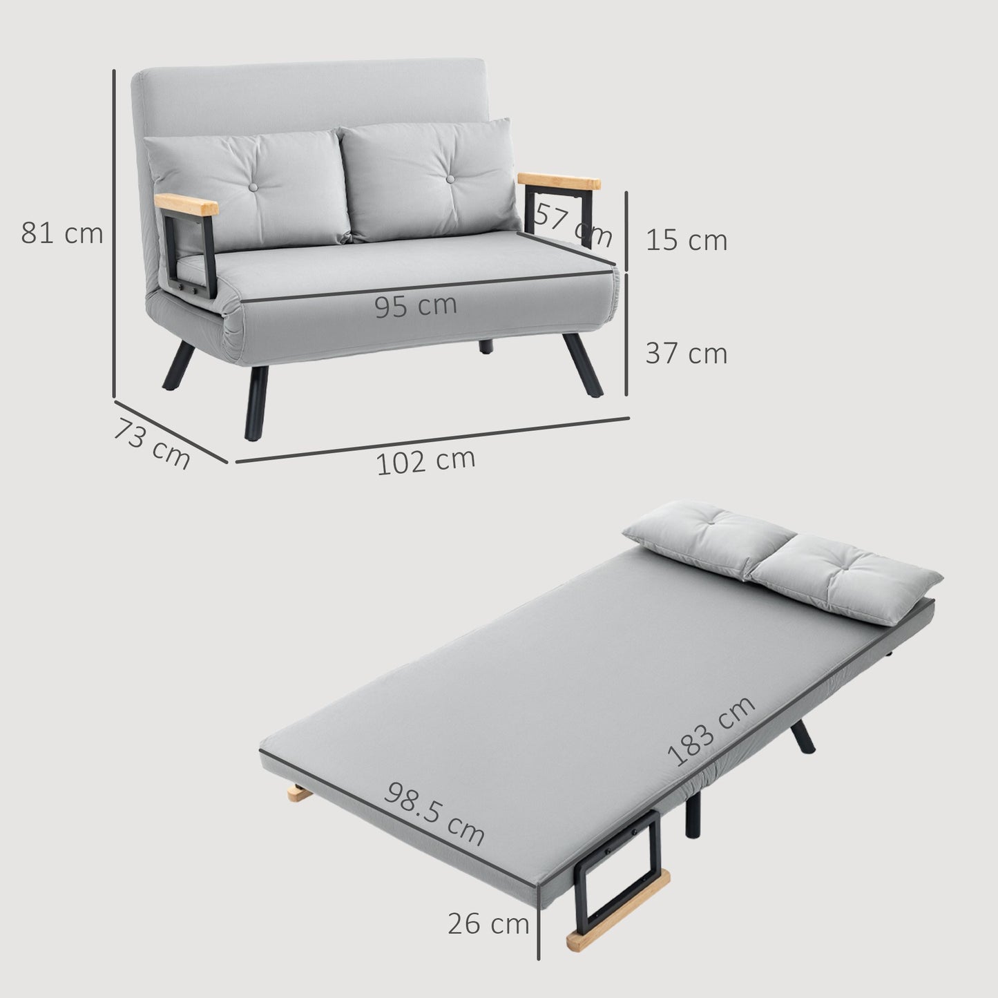 HOMCOM 2 Seater Velvet Modern Sofa Bed with 2 Tufted Cushions - Light Grey
