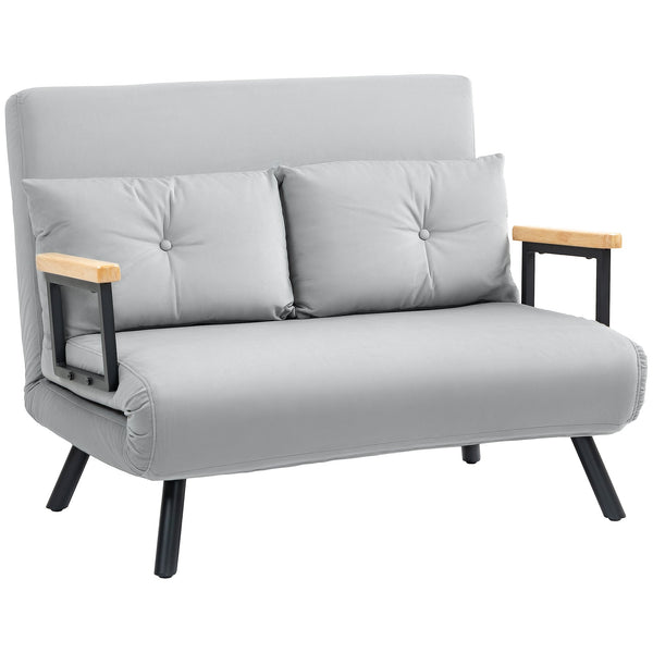 HOMCOM 2 Seater Velvet Modern Sofa Bed with 2 Tufted Cushions - Light Grey