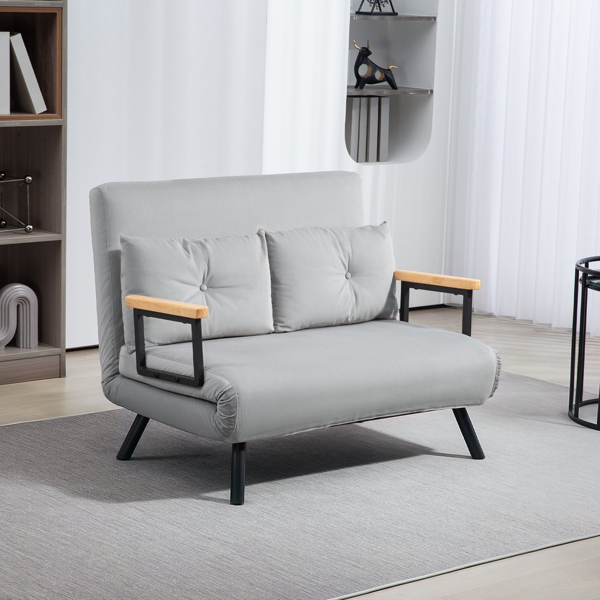 HOMCOM 2 Seater Velvet Modern Sofa Bed with 2 Tufted Cushions - Light Grey