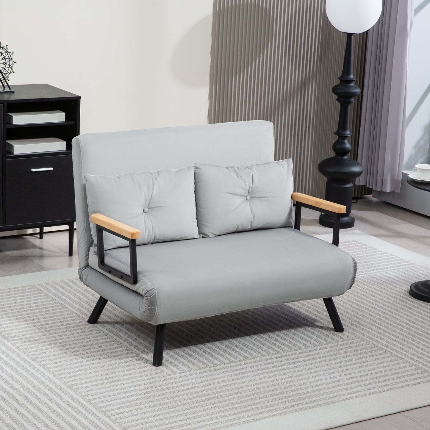 HOMCOM 2 Seater Velvet Modern Sofa Bed with 2 Tufted Cushions - Light Grey