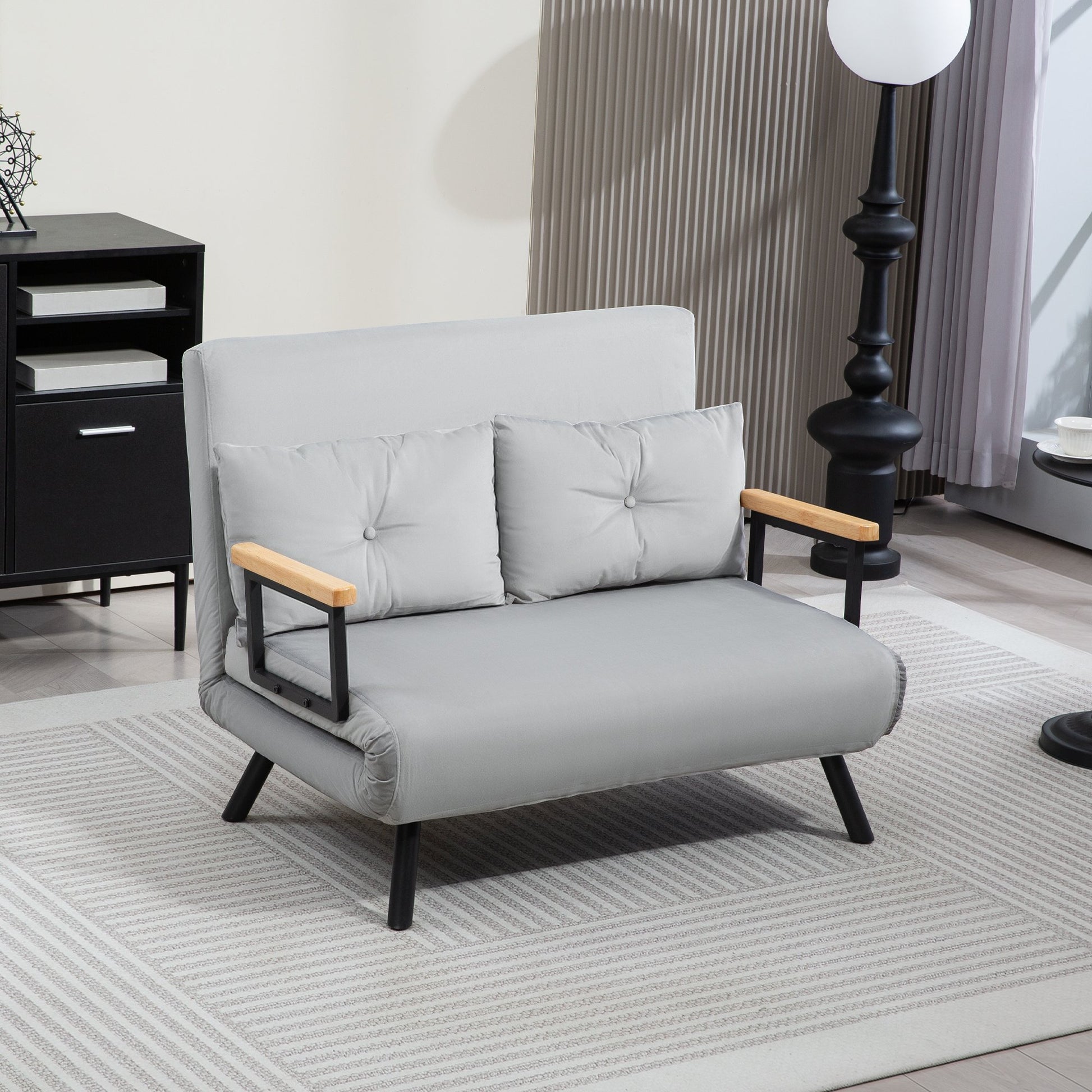 HOMCOM 2 Seater Velvet Modern Sofa Bed with 2 Tufted Cushions - Light Grey