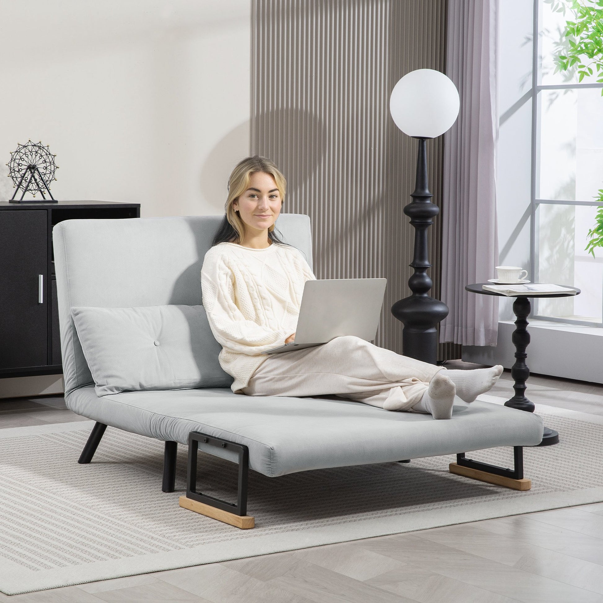 HOMCOM 2 Seater Velvet Modern Sofa Bed with 2 Tufted Cushions - Light Grey