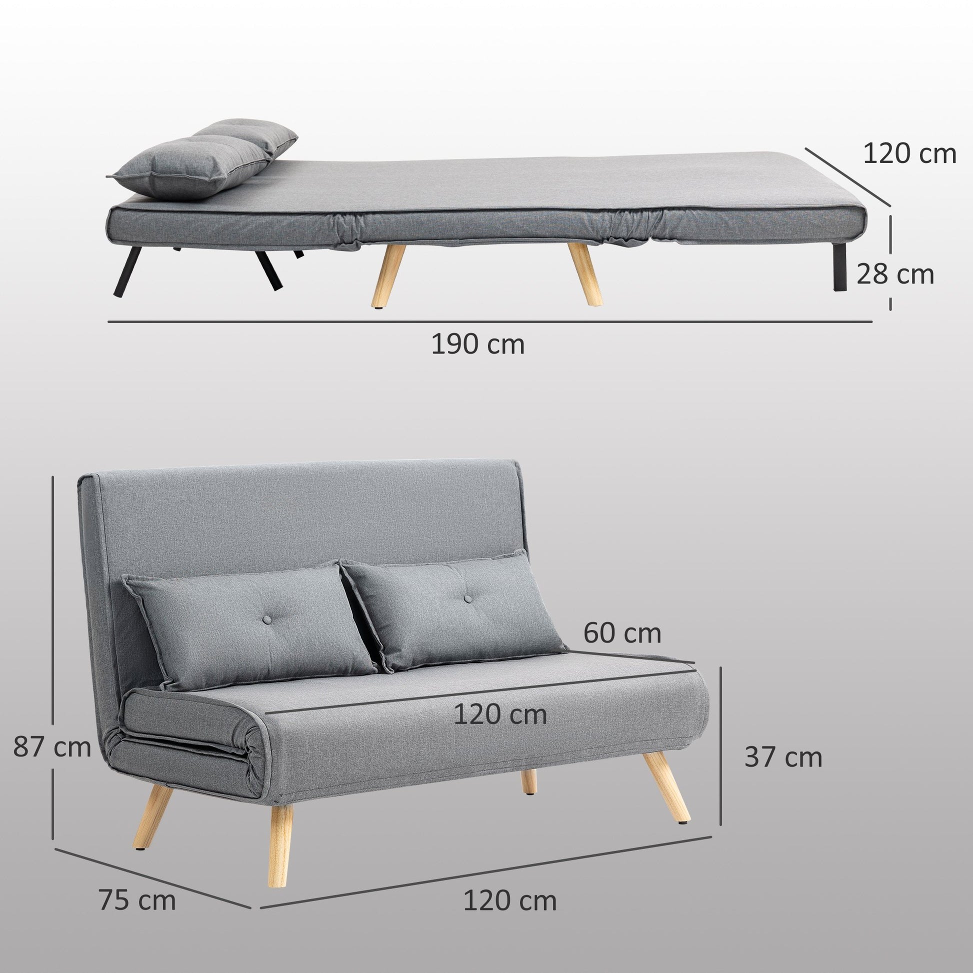 HOMCOM 2 Seater Fabric Modern Adjustable Reclining Sofa Bed - Grey