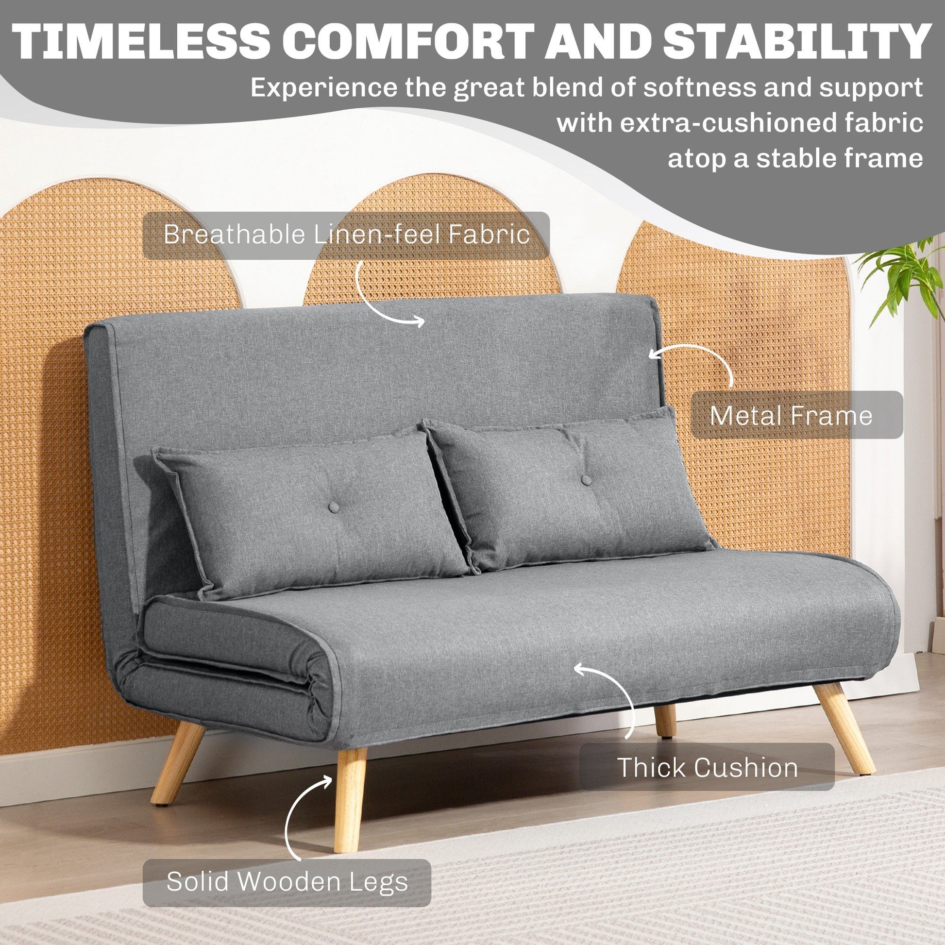 HOMCOM 2 Seater Fabric Modern Adjustable Reclining Sofa Bed - Grey