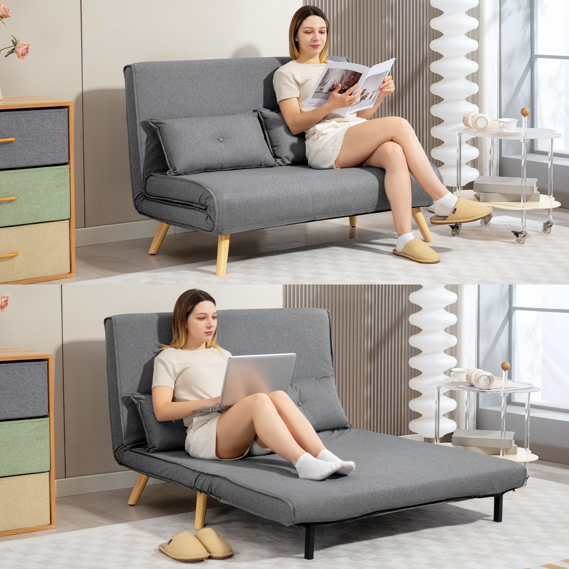 HOMCOM 2 Seater Fabric Modern Adjustable Reclining Sofa Bed - Grey