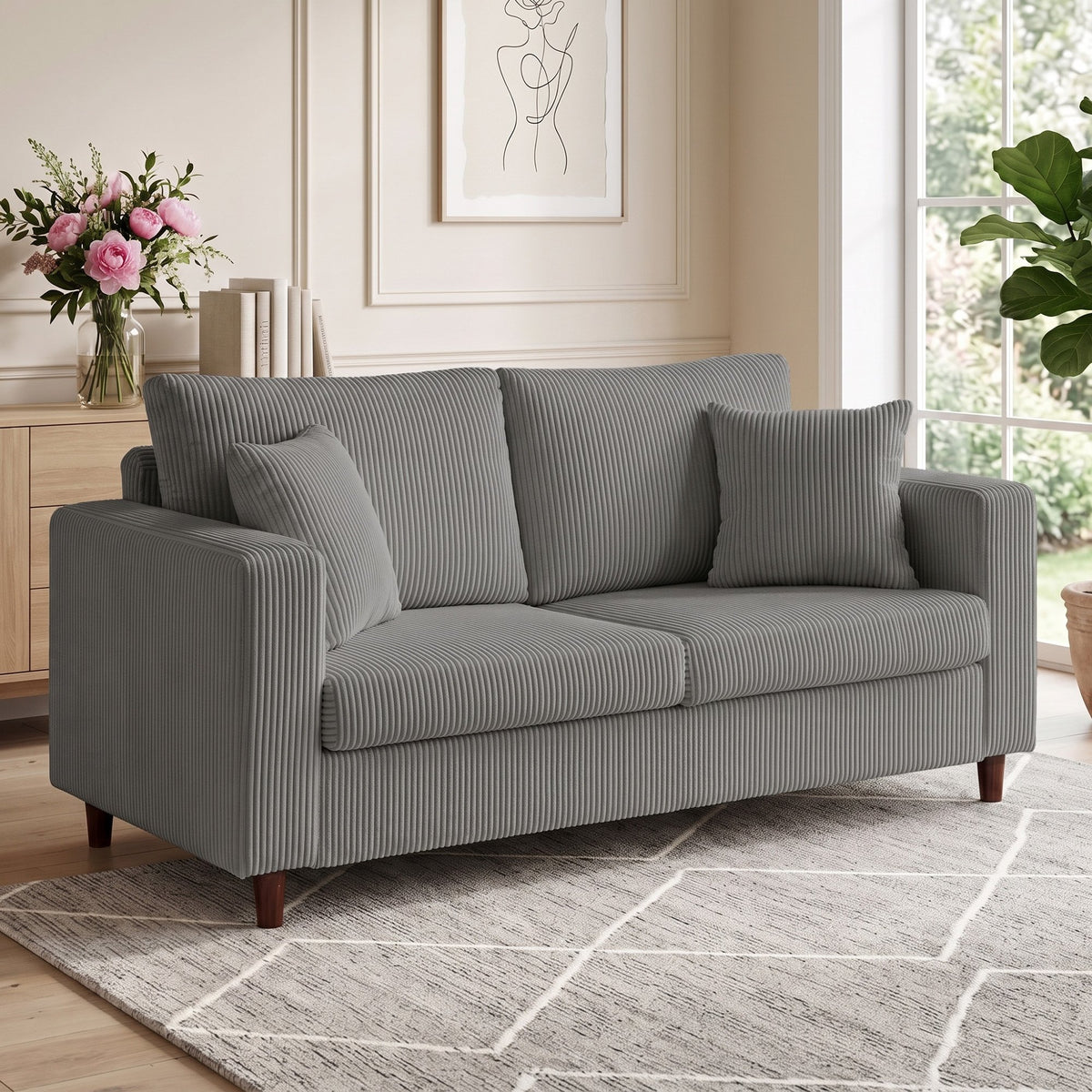HOMCOM 2 Seater Comfy Wide Deep Seat Corduroy Sofa - Light Grey