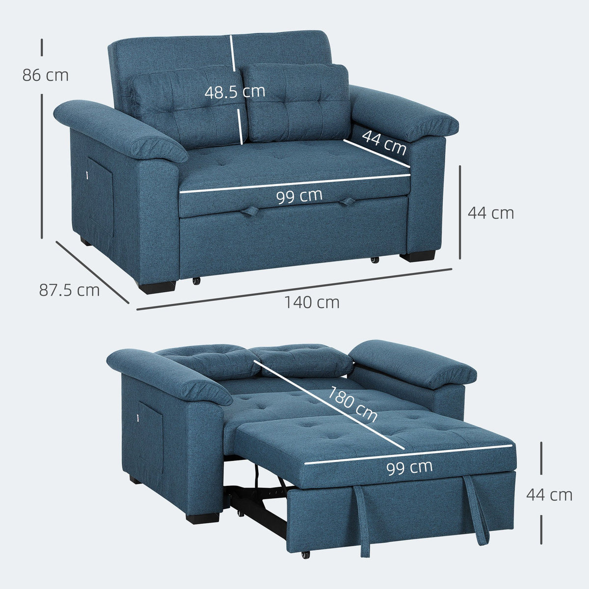 HOMCOM 2 Seater Fabric Sofa Bed with 2 Pocket Springs - Blue
