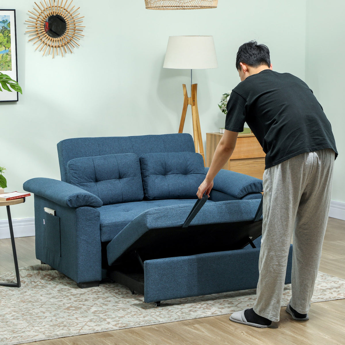 HOMCOM 2 Seater Fabric Sofa Bed with 2 Pocket Springs - Blue