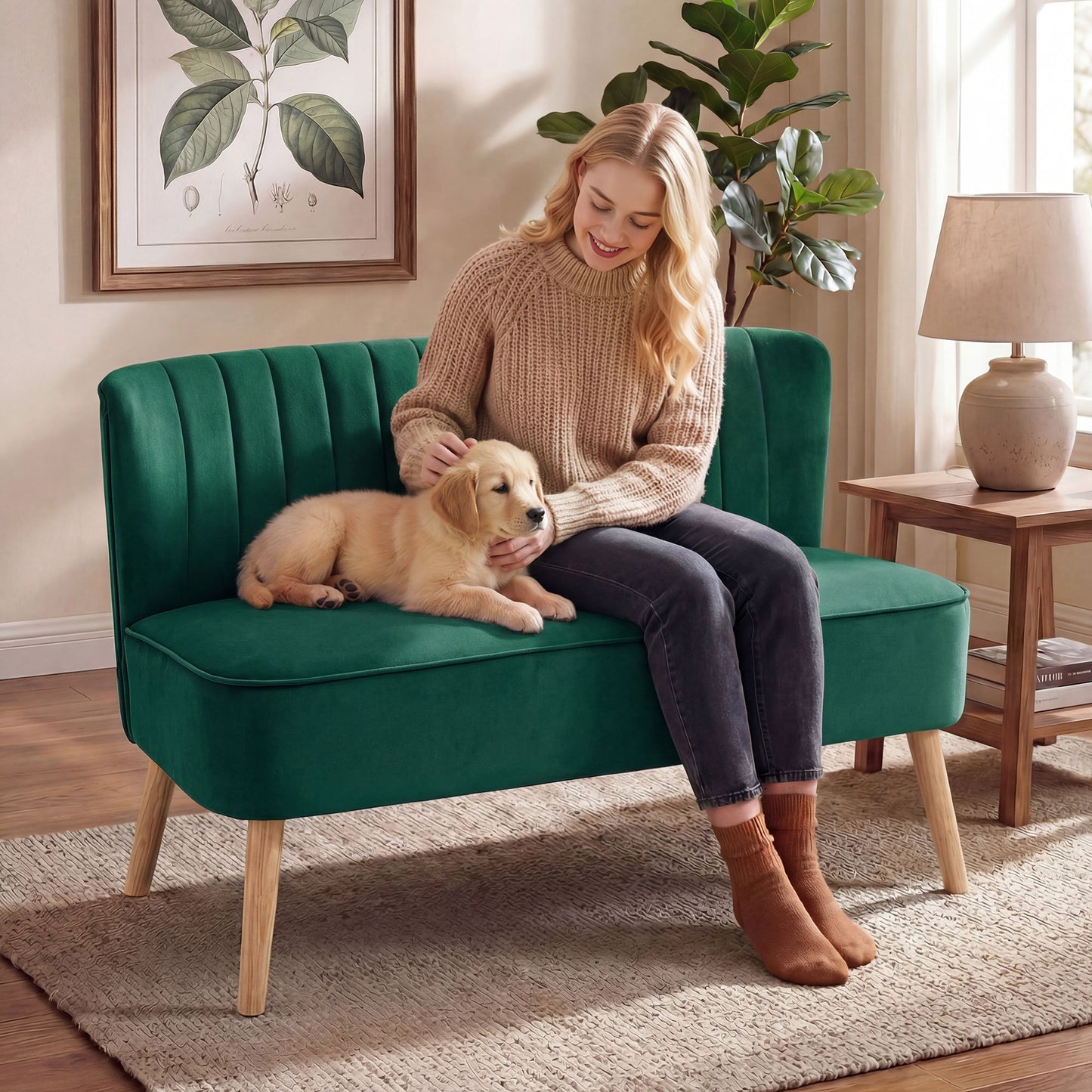 HOMCOM Modern Double Seat Sofa Foam Padding High Back - Green