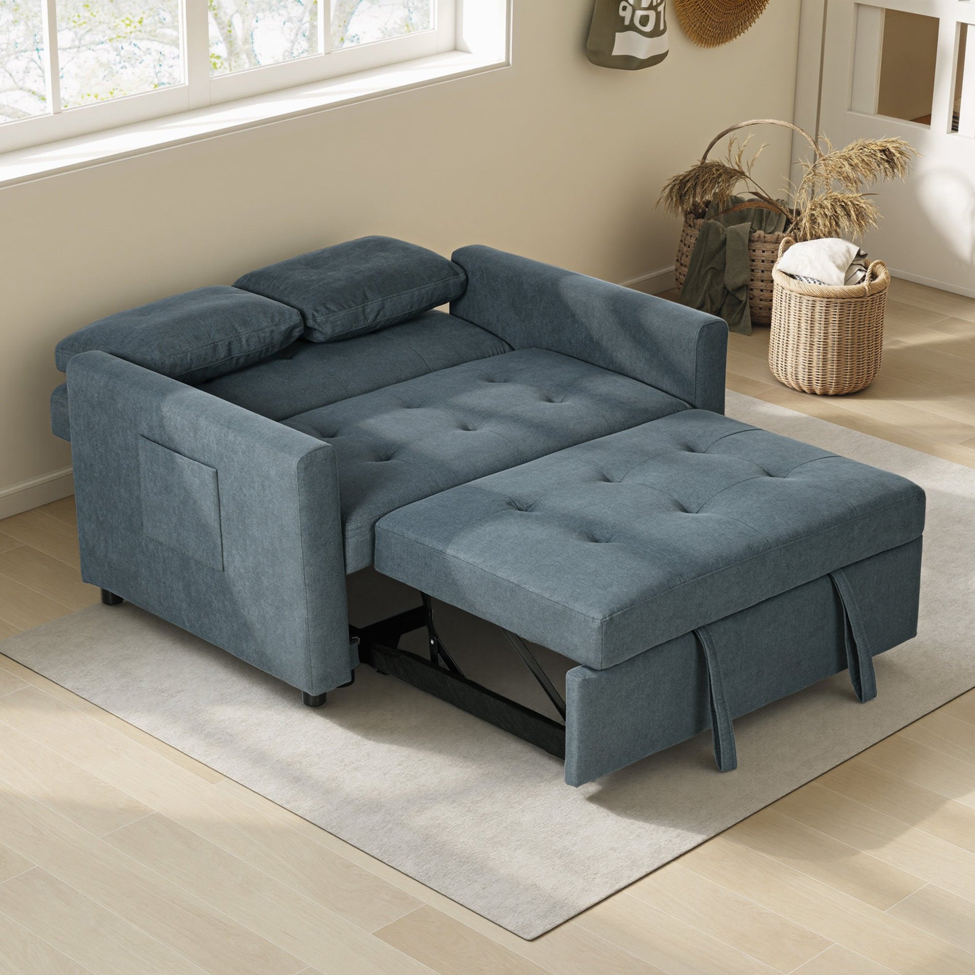 HOMCOM 2 Seater Fabric Modern Sofa Bed with 2 Pillows - Charcoal Grey