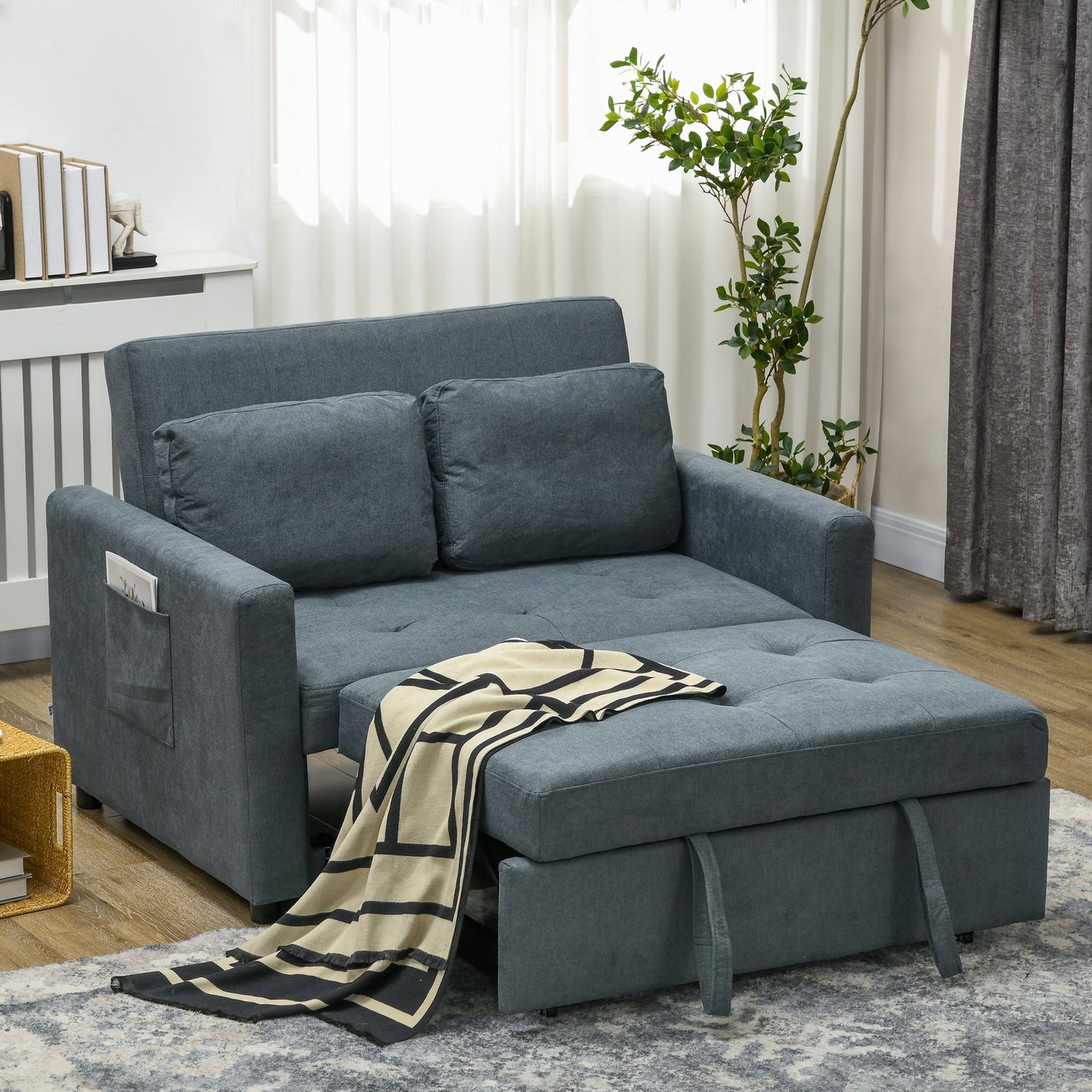 HOMCOM 2 Seater Fabric Modern Sofa Bed with 2 Pillows - Charcoal Grey