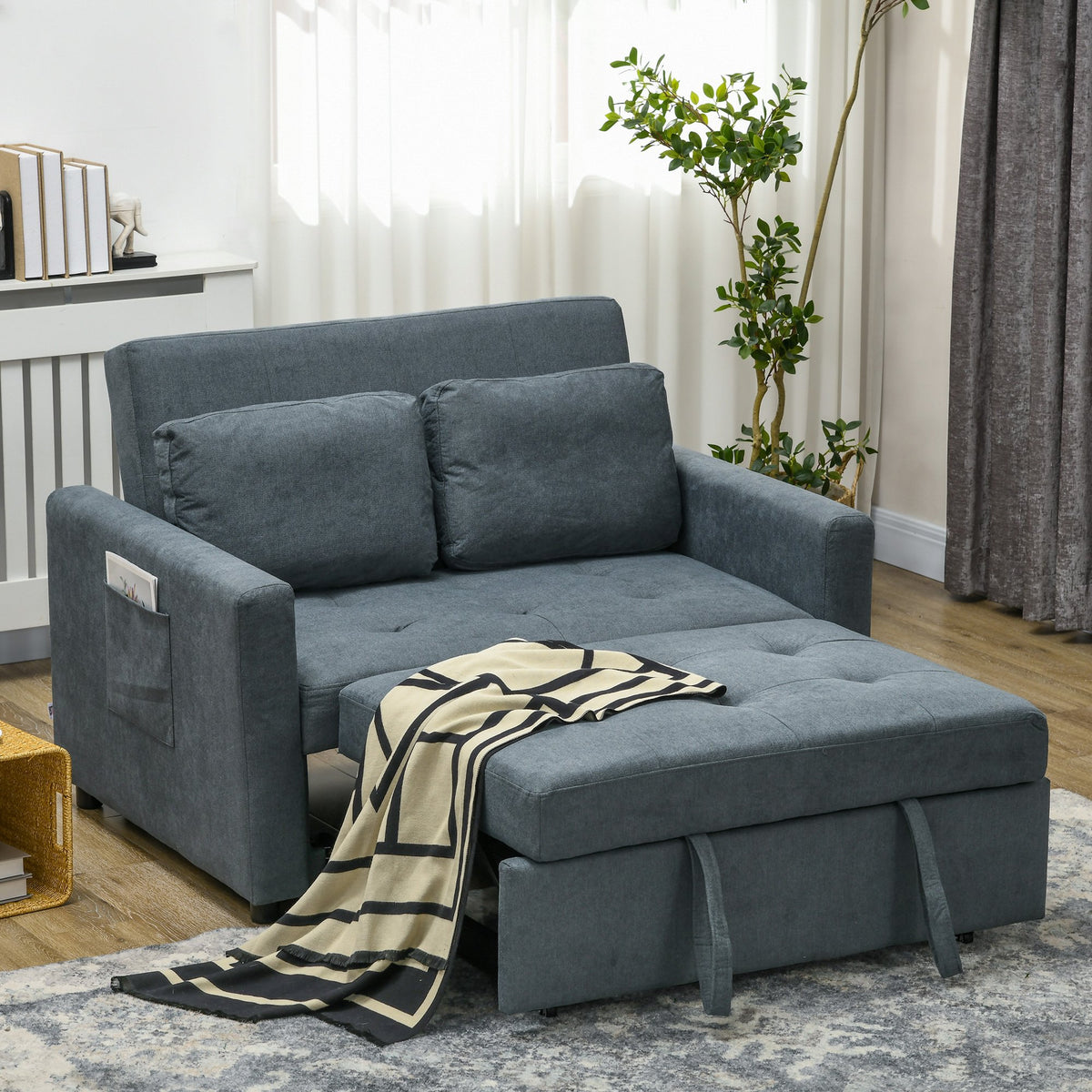 HOMCOM 2 Seater Fabric Modern Sofa Bed with 2 Pillows - Charcoal Grey