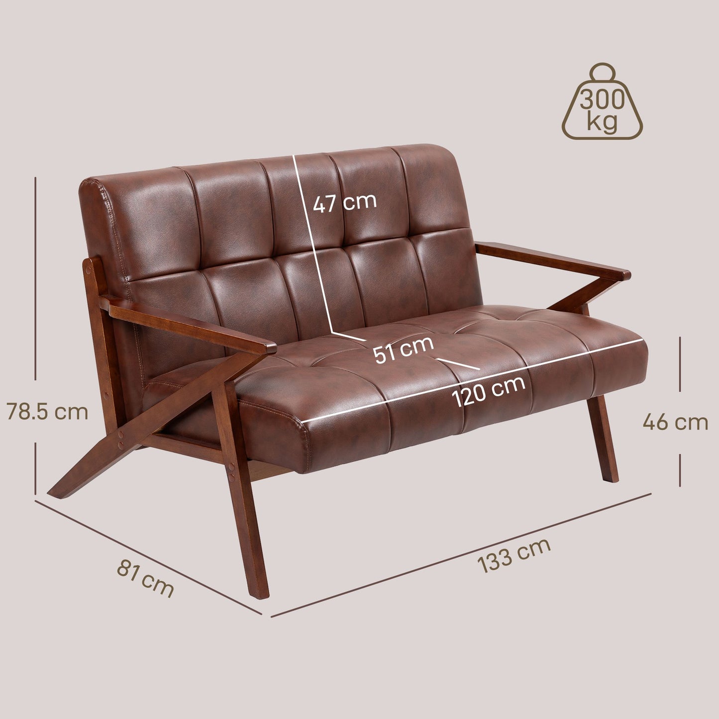 HOMCOM 2 Seater Faux Leather Sofa with Solid Wood Legs - Brown