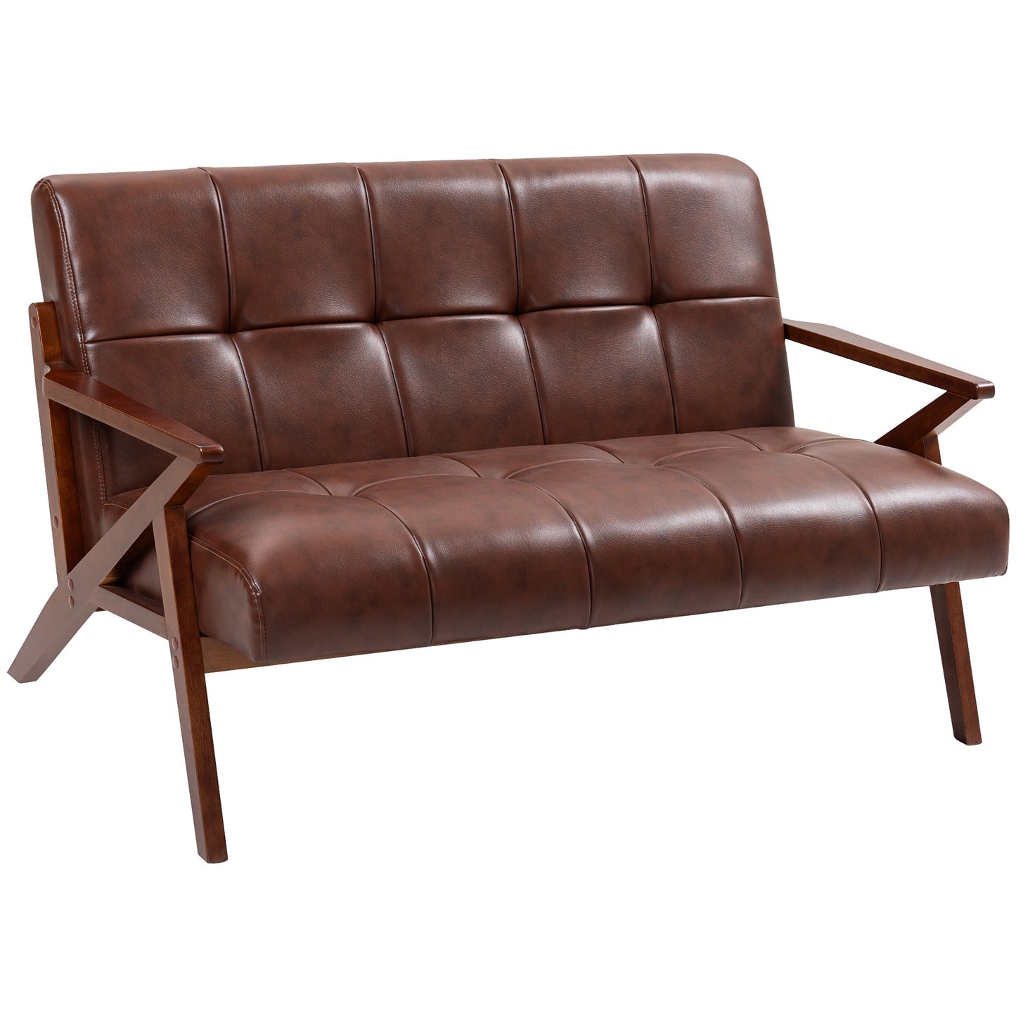 HOMCOM 2 Seater Faux Leather Sofa with Solid Wood Legs - Brown
