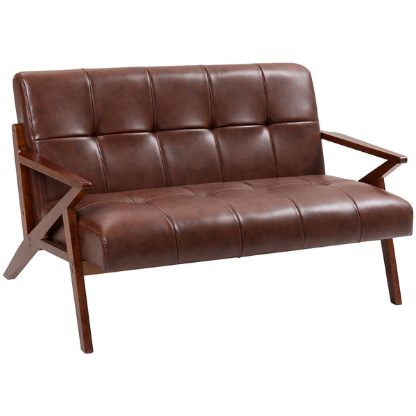 HOMCOM 2 Seater Faux Leather Sofa with Solid Wood Legs - Brown