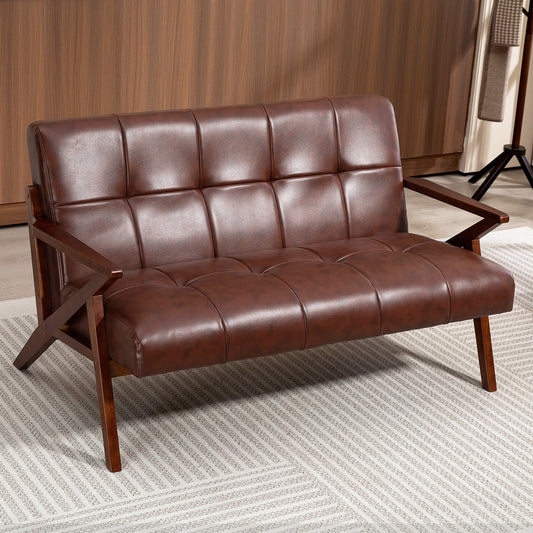 HOMCOM 2 Seater Faux Leather Sofa with Solid Wood Legs - Brown