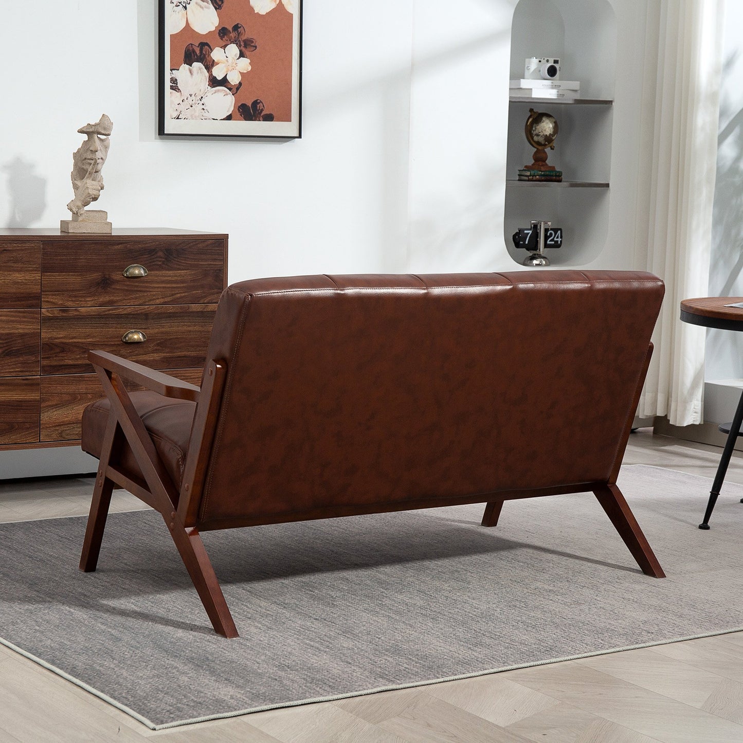 HOMCOM 2 Seater Faux Leather Sofa with Solid Wood Legs - Brown